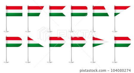 Realistic various Hungarian table flags on a chrome steel pole. Souvenir from Hungary. Desk flag made of paper or fabric, shiny metal stand. Mockup for promotion and advertising. Vector illustration 104080274