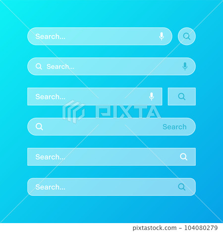 Various transparent search bar templates. Internet browser engine with search box, address bar and text field. UI design, website interface element with web icons and push button. Vector illustration 104080279