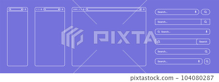 Blank web browser, internet page window with toolbar and search bar, field. Modern website in flat style, line art. Browser mockup for computer, tablet and smartphone. Vector illustration 104080287