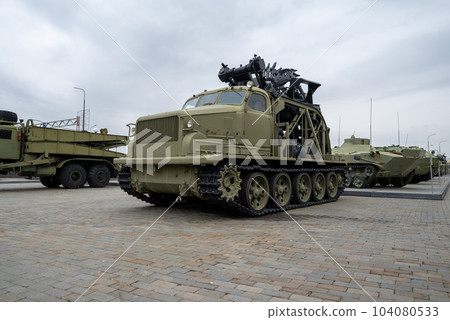 Russian military equipment against a gloomy sky 104080533