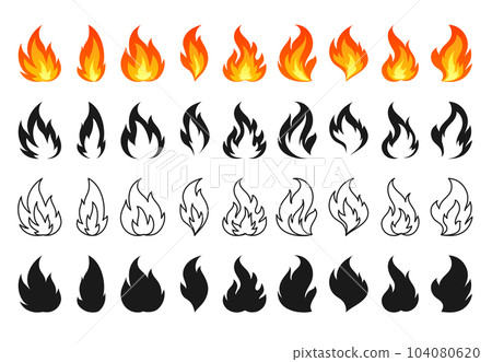 Cartoon campfire icon set in flat, black silhouette, line style. Red hot flame isolated on white. Bright fiery heat flames wildfire and bonfire, burn power. Various shape blazing fire emoticon 104080620