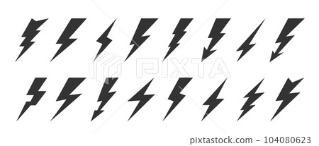 Lightning bolt flash icon set. Energy power charge sign. Thunder strike electricity symbol. Thunderbolt pictogram. Powerful electrical discharge hitting from side to side. Thundershock zigzag arrow 104080623
