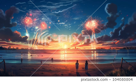 大海和煙花，生成AI AI圖像 104080804