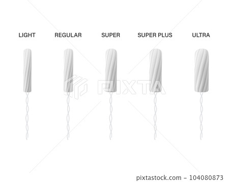 Vector 3d Realistic White Corrugated Menstrual Hygienic Cutton Tampon Icon Set Isolated in Different Sizes. Feminine Hygiene Design Template. Concept of Womens Health, Hygiene 104080873