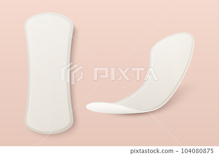 Vector 3d Realistic Whit Menstrual Hygiene Products - Sanitary Daily Thin Pad Icon Set Closeup on Pink Background. Feminine Hygiene Icons - Sanitary Pads, Design Template. Front, Top, Side View 104080875