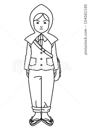 戰爭婦女防災兜帽線描黑色日本 104082180