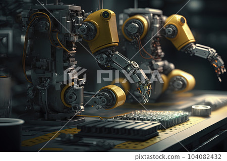 Manufacturing assembly line with robots on factory. Parts automatic production. Generative AI 104082432