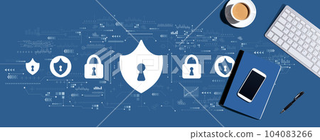 Cyber security theme with computer keyboard and office items Cyber security theme with computer keyboard and office items 104083266