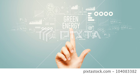 Green Energy concept with hand pressing a button 104083382