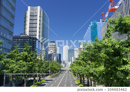 Nagoya Naka Ward Urban landscape Sakura-dori ginkgo trees and Nagoya station buildings View from the pedestrian bridge at the intersection in front of the Bank of Japan 104083462