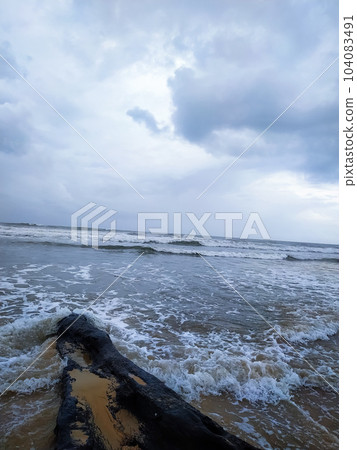 Beautiful waves on the sea with a black wood Beautiful waves on the sea with a black wood 104083491