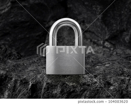 Metal padlock on black coal background 104083620