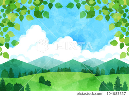 Summer satoyama horizontal with watercolor-style arched leaves 104083837