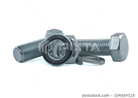 Zinc plated bolt, nut with flat and spring nut washers Zinc plated bolt, nut with flat and spring nut washers 104084528