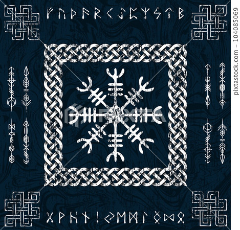 Blue Helm of Awe viking Scandinavian symbols background 104085069
