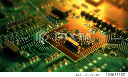 Computer chip circuit board closeup. RAM 104085685