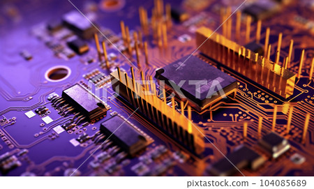 Computer chip circuit board closeup. RAM 104085689