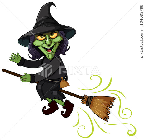 Old Witch Flying on a Broomstick Cartoon Character 104085799