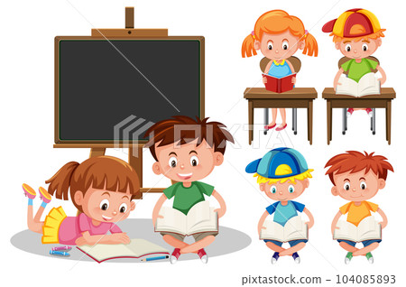 Set of students cartoon character learning 104085893