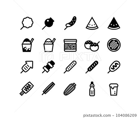 Vector icon set of food and drinks sold at fairs 104086209