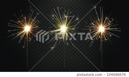 Bengal fire. Realistic festive sparkler. Birthday candle firework. New Year sparks. Pyrotechnic effect. Christmas celebration light stick. Happy anniversary party. Vector exact isolated 3D objects set 104086676