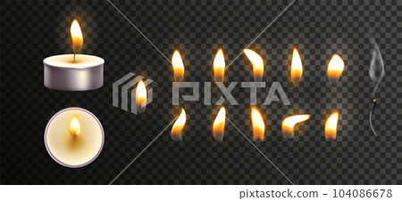 Realistic candle. White wax candlelight with flame and smog. Burning fire shapes. Wick light. Romantic dating. Extinguishing candlestick. Aroma smoke. Dark grief. Vector exact isolated 3D elements set Realistic candle. White wax candlelight with flame and smog. Burning fire shapes. Wick light. Romantic dating. Extinguishing candlestick. Aroma smoke. Dark grief. Vector exact isolated 3D elements set 104086678