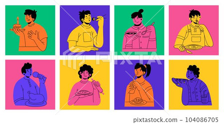 People eating food. Happy hungry person. Funny man with pizza. Woman drinking cola. Fast snacks. Italian dinner elements. Sushi and burger. Isolated bright square cards set. Vector tidy illustration 104086705