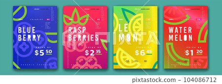 Abstract fruit posters. Organic products price labels. Blueberry and raspberry. Grocery flyers. Lemon and watermelon. Geometry patterns. Summer citrus. Vitamin berry. Vector exact banners design set Abstract fruit posters. Organic products price labels. Blueberry and raspberry. Grocery flyers. Lemon and watermelon. Geometry patterns. Summer citrus. Vitamin berry. Vector exact banners design set 104086712
