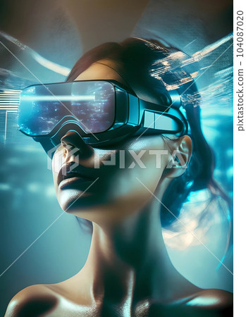 VR girl in neon light with virtual reality goggles. Future and technology VR girl in neon light with virtual reality goggles. Future and technology 104087020