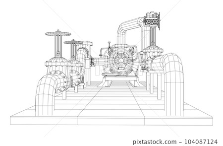 Wire-frame line pumping unit isolated on white. Vector rendering of 3d 104087124