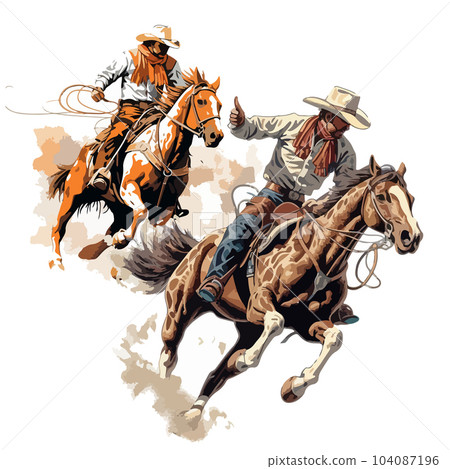 Drawing of galloping cowboys on horseback at a rodeo on a light background. For your design Drawing of galloping cowboys on horseback at a rodeo on a light background. For your design 104087196