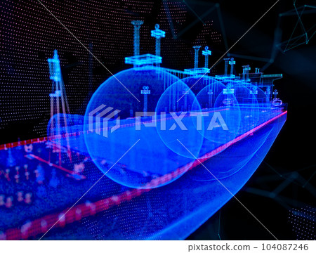 Gas carrier LNG. Glow particles vessel boat. Gas tanker. Industrial transport technologies 104087246