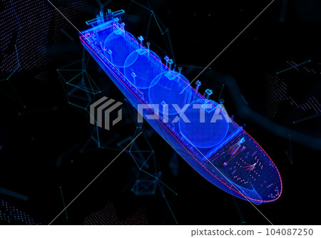 Gas carrier LNG. Blue particle and lines form 3d model Gas tanker. Digital technology visualization of 3d 104087250