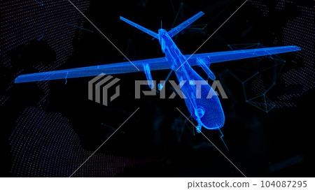 Digital military drone with camera in dark blue. Unmanned military drone with dots, lines, stars and particles 104087295