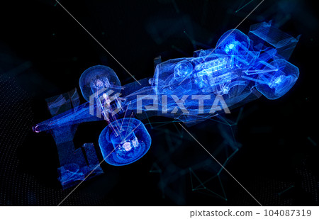 Glowing blue light 3d model car with lines, dots and particles 104087319