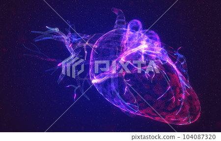 Glowing human heart made of neon particles. Bright magic heart health concept art 104087320