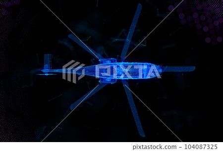Helicopter. Military helicopter flying with action video camera on dark blue. Polygonal low poly background with connecting dots and lines Helicopter. Military helicopter flying with action video camera on dark blue. Polygonal low poly background with connecting dots and lines 104087325