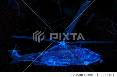 Glowing blue light 3d model Military helicopter with lines, dots and particles Glowing blue light 3d model Military helicopter with lines, dots and particles 104087404