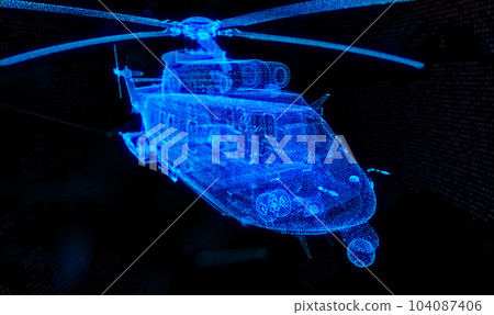 Military helicopter. Glow particles formation helicopter on a black background 104087406
