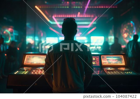 DJ player audio mixing electronic music in a nightclub party Created with Generative AI technology. 104087422