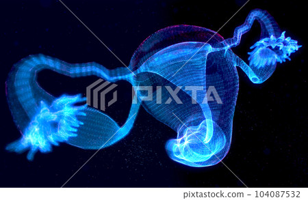 Human Organ Uterus and Ovaries Female Reproductive System Medical Cybernetic Part Transplant Replacement Neural Digital Hologram Neon Glow Futuristic Triangulated Polygonal Low Poly Background 104087532