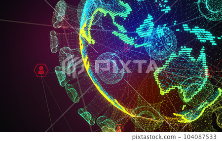 Glowing Omicron made of neon particles. Bright magic spread mutation globe world map concept abstract style of colorful dots 104087533