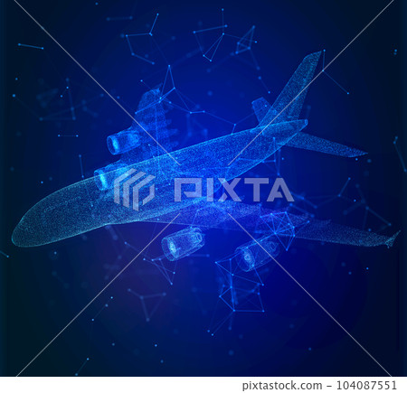 Abstract commercial airliner. Wireframe mesh spheres from a flying plane. Travel concept 104087551