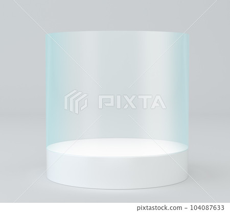 Glass cylinder with white showcase podium. Design template for mockap 104087633