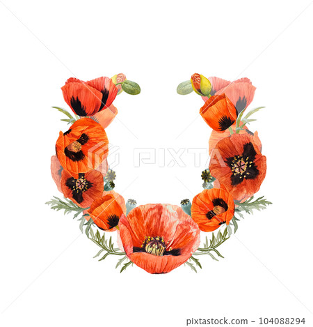 A wreath of poppy on an isolated white background. Greenery and red poppy flower. invitation frame. Red, blue, pink, sage, green tones. A wreath of poppy on an isolated white background. Greenery and red poppy flower. invitation frame. Red, blue, pink, sage, green tones. 104088294
