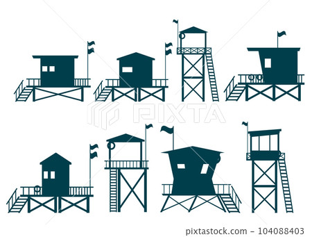 Collection of Lifeguard Tower icons. Station beach building 104088403