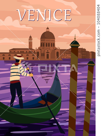 Retro Poster Venice Italia. Grand Canal, gondolier, architecture, vintage style card. Vector illustration postcard 104088404