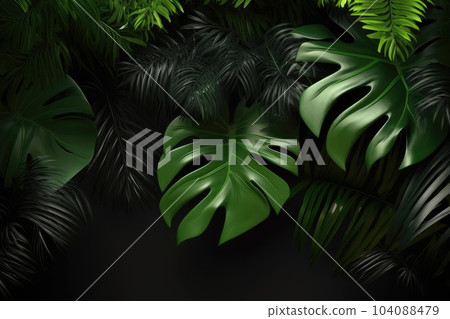 Background with exotic tropical plants in modern style. Trendy design of colorful jungle background. Natural textile trendy wallpaper print. AI Generation 104088479