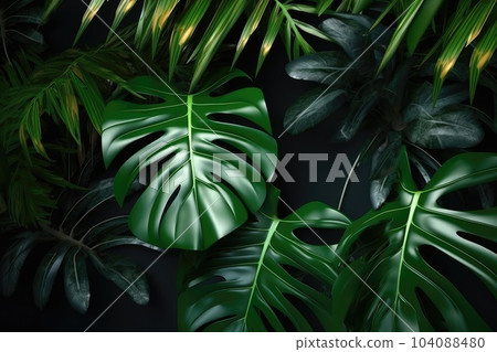 Background with dark green tropical leaves, fresh flat background. Flat lay. Nature concept. AI Generation 104088480