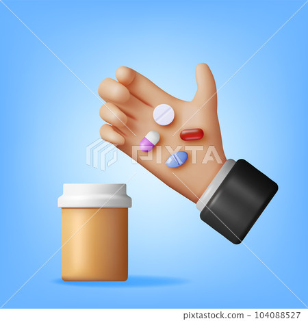 3D Plastic Bottle Full of Pills in Hand 104088527